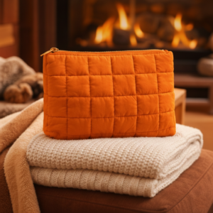 Premium Orange Quilted Makeup Pouch